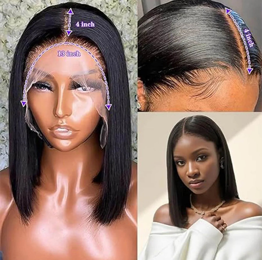 Straight Short Bob Human Blend Wig – 13x4 Transparent Lace (Black)